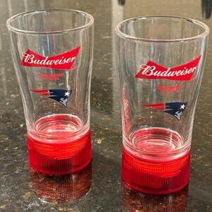 TWO New England Patriots Budweiser NFL Touchdown Lightup Drinking Glasses